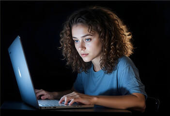 Woman with Curly Brown Hair Using Laptop