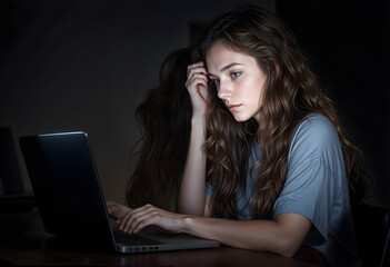 Woman with Laptop in Dark Environment