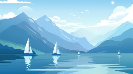 The flat illustration showcases a stunning blend of mountainscapes and sailboats gracefully navigating the water