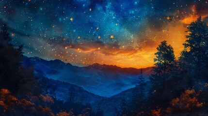 Fototapeta premium beautiful blue night landscape with stars in the background, sunset in orange, forest and mountains, digital painting, hyperdetailed, macro, vibrant, 