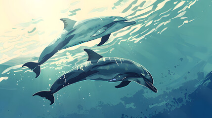 Fototapeta premium simple but realistic colorful illustration of two dolphins swimming underwater