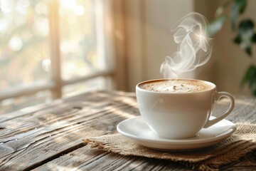 Obraz premium Cozy morning with a steaming cup of coffee on a rustic wooden table, capturing the warm atmosphere of a fresh start to the day.