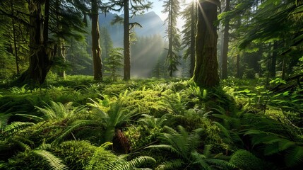 Sunlight filters through a lush evergreen forest, its floor carpeted in soft moss and delicate ferns. In the distance, the Deister mountain range rises majestically against the horizon.