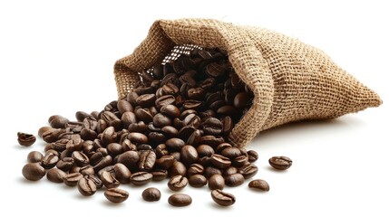 Fototapeta premium A burlap sack spilling coffee beans, showcasing rich, dark, aromatic coffee for brewing. Perfect for cafes, advertising, and coffee enthusiasts.