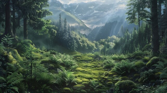 Sunlight filters through a lush evergreen forest, its floor carpeted in soft moss and delicate ferns. In the distance, the Deister mountain range rises majestically against the horizon.
