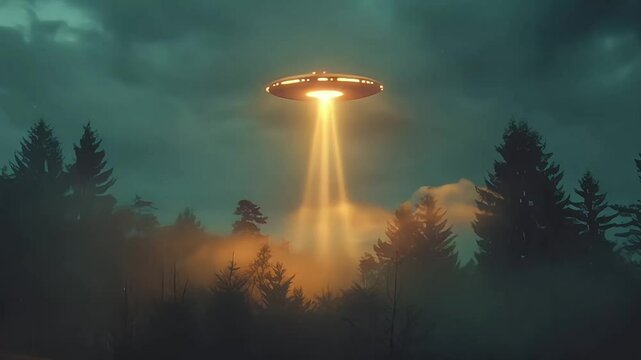 UFO with radiant lights hovering over forest under night sky. Futuristic alien spaceship. Copy space. Ideal for projects exploring extraterrestrial themes, science fiction, and unknown. Sci-fi concept