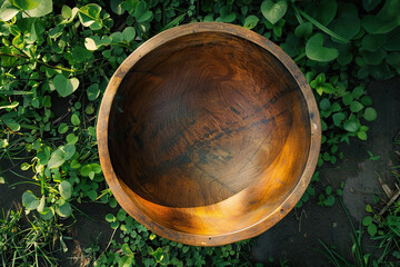 Handcrafted wooden bowl on green foliage