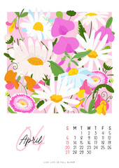 Vertical page flower calendar for April 2025 with Easter daisy and sweet pea, bellis flowers and leaves. Week starts on Sunday. Vector illustration flat cartoon style
