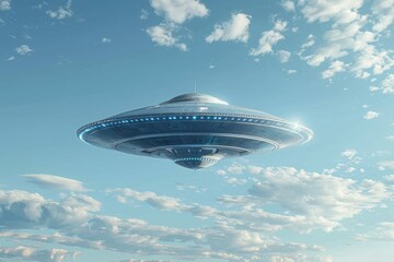 Obraz premium Futuristic UFO Spaceship with Glowing Lights Hovering in a Cloudy Sky - Extraterrestrial Technology Concept