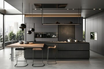 Kitchen Island Design in Modern Gray Kitchen with Dark Flat Front Cabinets