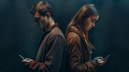 A couple are back to back each staring at their phones, feeling of disconnection, landscape format 16:9