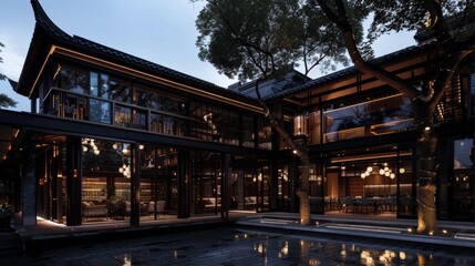 The renovation of the Huizhou-style architecture on the canal side transforms the exterior of the existing building into Huizhou-style features, including horse-head walls, flying eaves and corners, c