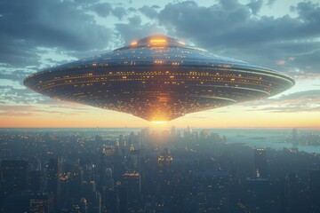 Futuristic UFO Spaceship with Glowing Lights Hovering in a Cloudy Sky - Extraterrestrial Technology Concept