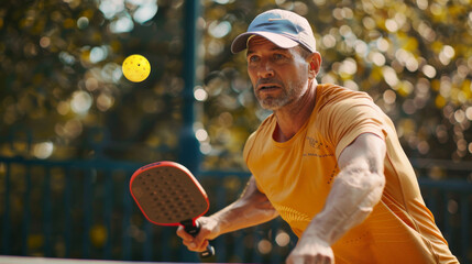 Man paddle player with pickleball rocket on the tennis court.