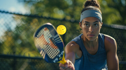 Woman paddle tennis player hits a ball with a pickleball racket during match on court.