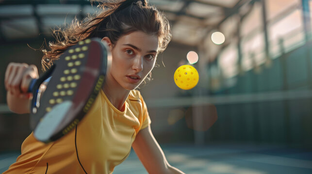 Woman paddle tennis player hits a ball with a pickleball racket during match on court.