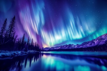 Stunning Northern Lights Over Lake, Mesmerizing and Colorful, Night Sky Reflection, Ideal for Nature and Travel Content