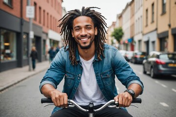 Portrait of smiling mixed race man with dreadlocks sitting on bicycle in street
