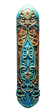 Single mezuzah case isolated on a white background. Fancy decorated ceramic mesusa design