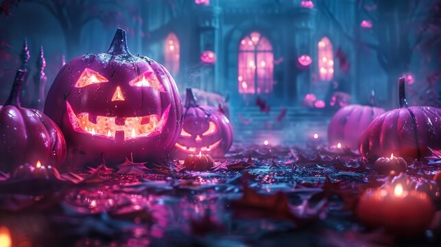 pink jack-o-lanterns and candles in a haunted house backdrop create a spellbinding halloween banner for a captivating celebration