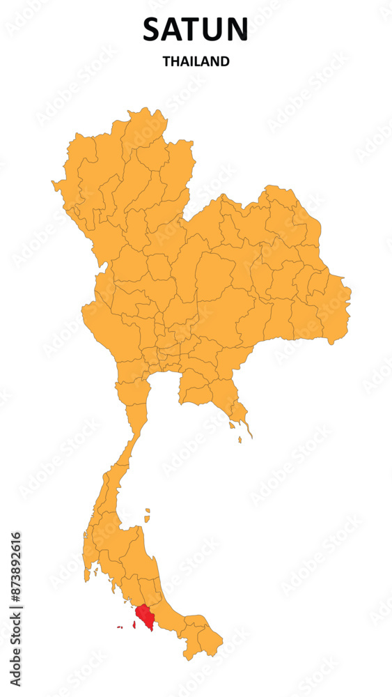 Sticker satun map is highlighted on the thailand map with detailed state and region outlines.