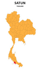 Fototapeta premium Satun Map is highlighted on the Thailand map with detailed State and region outlines.
