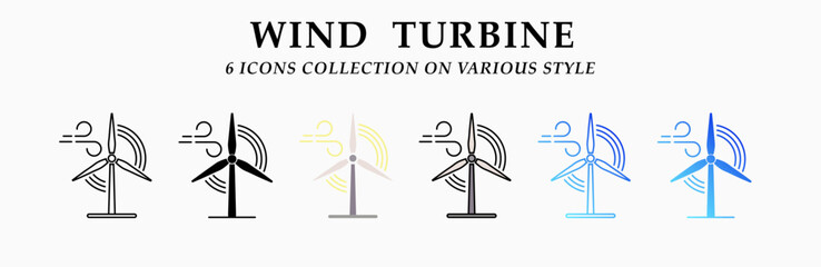 Wind turbine icons collection. 6 Various styles. Lineal, solid Black, flat, lineal color and gradient. For sign, symbol, presentation, infographic or web graphics. Vector Illustration.