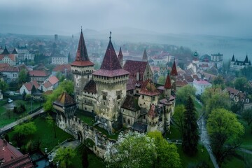 Obraz premium View From A Mediaeval Castle. Aerial Photography of Hunyad Castle in Spring Rain