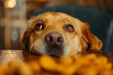 Closeup of a hopeful golden retriever gazing over a wooden table, yearning for treats