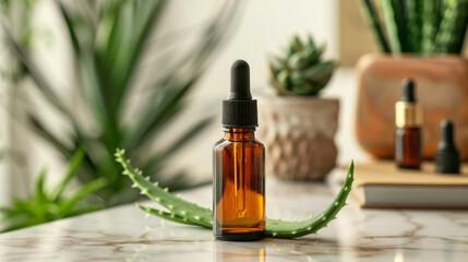 Fototapeta premium aloe vera plant essential oil bottle on marble table, for skincare health, botanical ingredient, natural beauty product concept