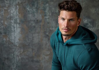 Obraz premium A fit man in a blue hoodie is standing in front of a grey wall. He has a beard and a mustache
