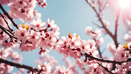 Obraz premium Horizontal banner with sakura flowers of pink color on sunny backdrop. Beautiful nature spring background with a branch of blooming sakura. Space for Text. Generative AI