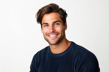 Fototapeta premium A beautiful young man with a blue shirt and short hair is smiling