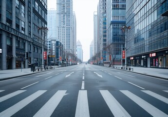 Fototapeta premium A city street with a large empty road and a few buildings in the background