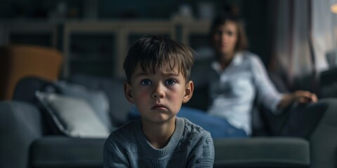 A young boy is sitting on a couch and he is upset. A woman is sitting next to him