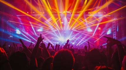 A large crowd of people are gathered at a concert, with many of them holding cell phones. The atmosphere is lively and energetic, with the audience enjoying the music and the lights