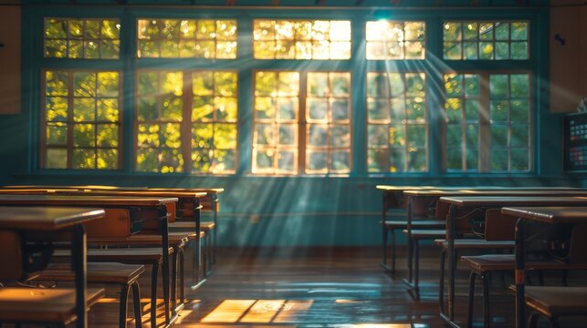 empty desks in a classroom with sunlight coming through the windows, back-to-school banner depicting a fresh beginning