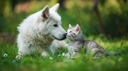 Kitten and Puppy Kiss on Green Grass: Cute Baby Animals Show Affection