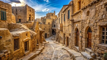 Fototapeta premium A worn, sandy thoroughfare winds past ancient, crumbling stone buildings with intricately carved facades in a deserted old town.