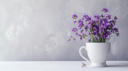 Obraz premium Violet statice flower bouquet in a coffee cup on a white table with empty space for text or image
