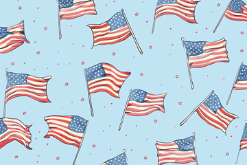 Fototapeta premium Pattern of American flags waving on a light blue background with small dots, celebrating American patriotism and pride