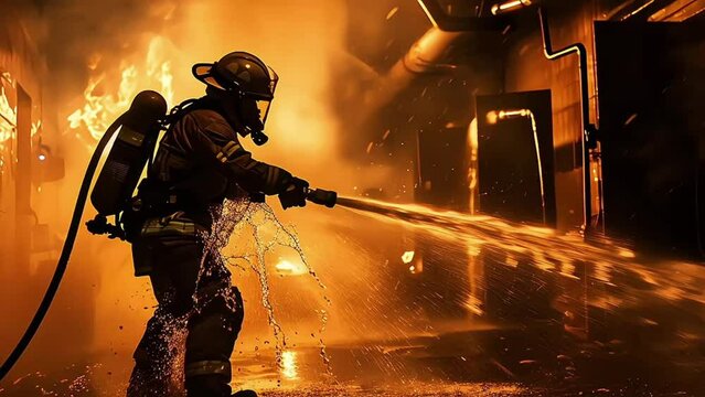 Unrecognizable male in firefighter uniform suppressing fire with heavy stream of water