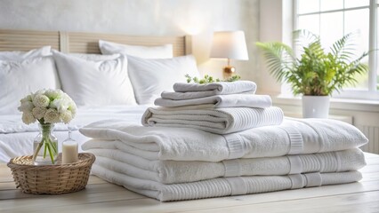 Fresh laundry essentials and plush Peshtemal towel rests on crisp white bed linen, surrounded by ample copy space, evoking cleanliness and comfort.
