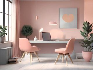 Workplace in peach fuzz 2024 color trend furniture. Painted gray walls and rich furniture - chairs and table with lamp. Pastel painting background. Large home office or coworking center. 3d render