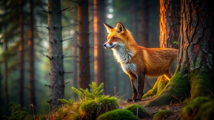 Naklejka premium Lonely red fox with vibrant orange fur stands beside pine tree trunk, lost in mystical darkness of German forest wilderness.
