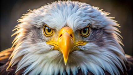 Obraz premium A majestic bald eagle's piercing gaze, sharp beak, and layered feathers showcased in extreme close-up, highlighting its regal intensity.