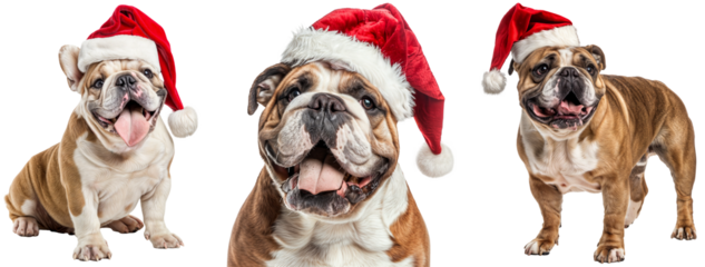Charming English Bulldogs Bundle in Santa Hats Isolated on Transparent Background - Festive Christmas Pet Collection for Holiday Cheer