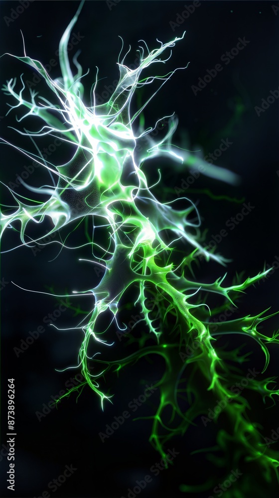 Poster glowing neural network: abstract representation of brain neurons and synapses with green electric pu