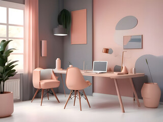 Workplace in peach fuzz 2024 color trend furniture. Painted gray walls and rich furniture - chairs and table with lamp. Pastel painting background. Large home office or coworking center. 3d render