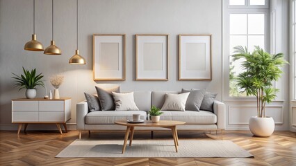 Modern scandinavian style living room interior with blank white wall featuring empty picture frame mockup and square templates awaiting artwork.